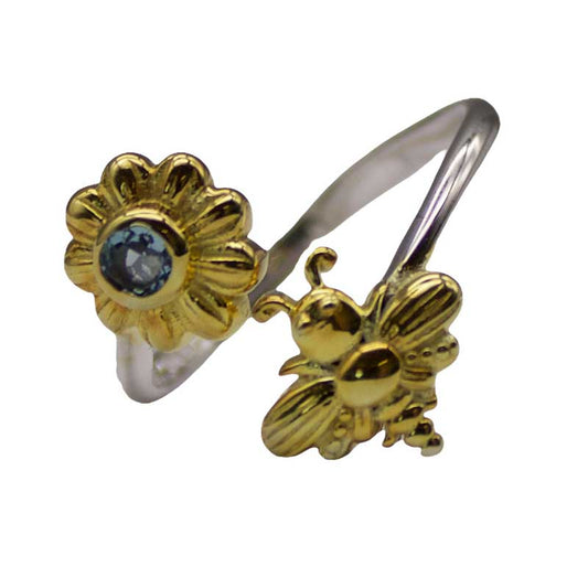 Size 8 Bee and Flower Blue Topaz ring