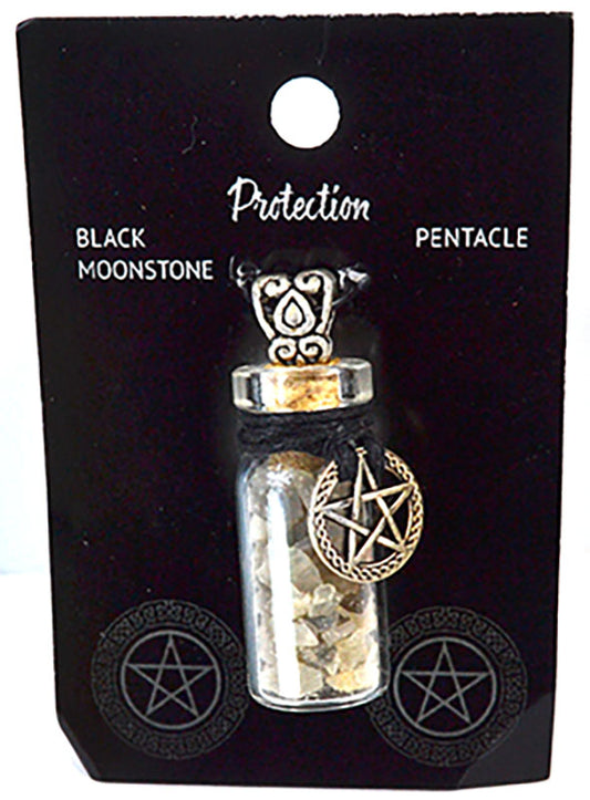 Black Moonstone Chips in Bottle with Pentagram necklace