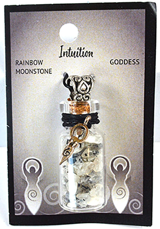 Rainbow Moonstone Chips in Bottle with Goddess necklace